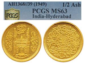 Mir Usman Ali Khan (AH 1329-1368, AD 1911-1948), Gold ½ Ashrafi, Farkhanda Bunyad Hyderaba