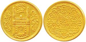 Mir Usman Ali Khan, Gold Ashrafi, 11.16g full ’Ain’ in doorway of Charminar, AH 1360/31 (K