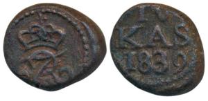 Tranquebar, Fredrick VI, Copper 4 Cash, 2.57g, 1839, obv. crowned FR Monogram with VI betw