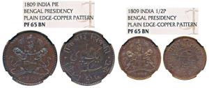 1 Pie and ½ Pie Pattern, Copper, 1809, coat of arms of the East India Company on obv with 