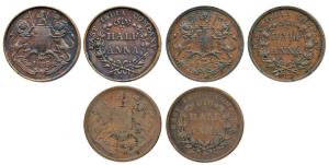 Copper ½ Anna (3), 1835, Madras Mint, (Prid 133); 1845, Calcutta Mint, 4 in date with seri