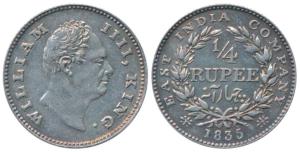 William IV, Silver ¼ Rupee, 1835, Calcutta Mint, F incuse, Wreath with 19 Berries (10L+9R)