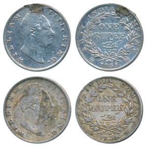 William IV, Silver Rupee (2), 1835, Calcutta Mint, Dug out F incuse, A / III, Bud leaves, 