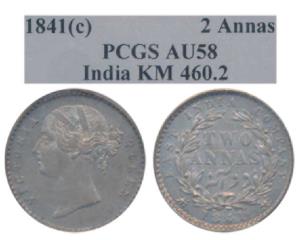 Victoria Queen, Silver 2 Annas, 1841, Calcutta Mint, divided legend, W.W. raised, 9 Berrie