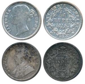 Victoria Queen, Silver ¼ Rupee, 1840, divided legend; George V, Silver ¼ Rupee, 1918. Fine