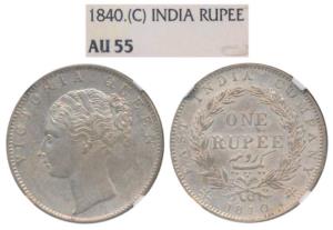 Victoria Queen, Silver Rupee, 1840, continuous legend, Calcutta Mint, English Head with Mo