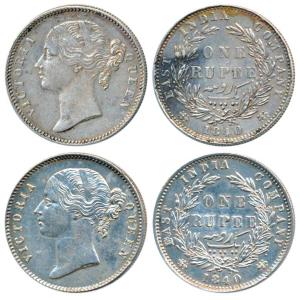 Victoria Queen, Silver Rupee (2), 1840, divided Legend, Calcutta / Bombay Mint, WW raised,