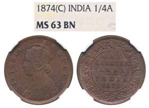 Victoria Queen, Copper ¼ Anna, 1874, Calcutta Mint, (Prid 608). Graded by NGC MS63BN.