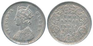 Victoria Queen, Silver 2 Annas, 1874, Bombay Mint, A / I / No mint mark, (Prid 516). Very 