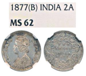 Victoria Empress, Silver 2 Annas, 1877, Bombay Mint, A / I / dot, (Prid 520). Graded by NG