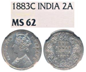 Victoria Empress, Silver 2 Annas, 1883, Calcutta Mint, B / II / C incuse, (Prid 498). Grad