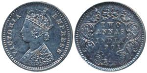 Victoria Empress, Silver 2 Annas, 1901, Bombay Mint, B / I / B incuse (Prid 555). Cleaned,