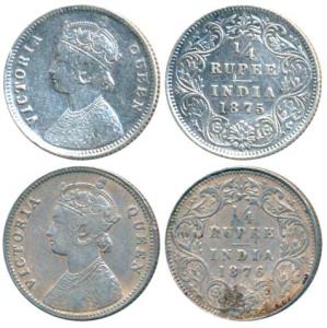 Victoria Queen, Silver ¼ Rupee, 1875 & 1876, Calcutta Mint, A / I / No mint mark (Prid 380