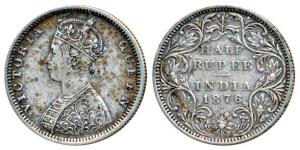 Victoria Queen, Silver ½ Rupee, 1876, Bombay Mint, B2 / II / dot, No Re engraving of hair 