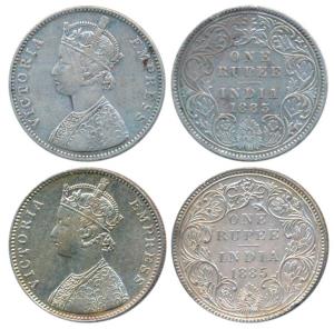 Victoria Empress, Silver Rupee, 1883, Bombay Mint, A3 / I / dot, (Prid 162); 1885, Bombay 