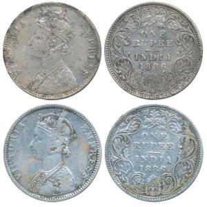 Victoria Empress, Silver Rupee, 1886 (2), Calcutta Mint, C4 / I / C incuse, C4 is a recent