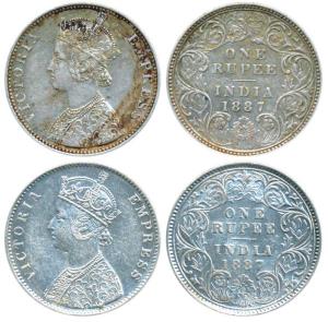 Victoria Empress, Silver Rupee, 1887 (2), Calcutta Mint, A4 / I / C incuse; Bombay Mint, C