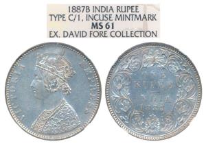 Victoria Empress, Silver Rupee, 1887, Bombay Mint, C2 / I / B incuse, normal B with 7 over