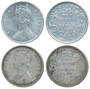 Victoria Empress, Silver Rupee (2), 1890, Calcutta Mint, C3 / I / C incuse; Bombay Mint, C