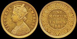 Victoria Empress, Gold Mohur, 1881, V in Jabbot (Prid 22). Extremely Fine, Rare.