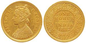 Victoria Empress, Gold Mohur, 1882, Calcutta Mint, obv. two flowers in bottom panel of jab