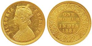 Victoria Empress, Gold Mohur, 1888, obv. V in relief (Prid 22). Nice mint luster, About Un
