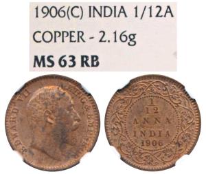 Edward VII, Copper 1/12 Anna, 1906, Calcutta Mint (Prid 822). Graded by NGC MS63RB.