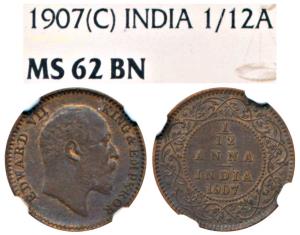 Edward VII, Copper 1/12 Anna, 1907, Calcutta Mint, (Prid 823). Graded by NGC MS62BN.