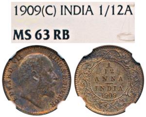 Edward VII, Copper 1/12 Anna, 1909, Calcutta Mint, (Prid 825). Graded by NGC MS63RB.