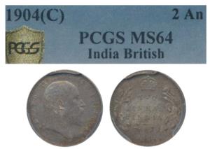 Edward VII, Silver 2 Annas, 1904, Calcutta Mint (Prid 557). Graded by PCGS MS64.