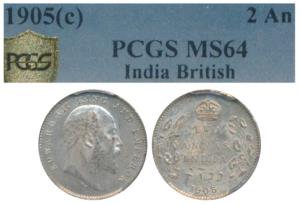 Edward VII, Silver 2 Annas, 1905, Calcutta Mint (Prid 558). Graded by PCGS MS64.