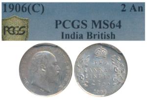 Edward VII, Silver 2 Annas, 1906, Calcutta Mint, (Prid 559). Graded by PCGS MS64.