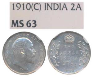 Edward VII, Silver 2 Annas, 1910, Calcutta Mint (Prid 563). Graded by NGC MS63.