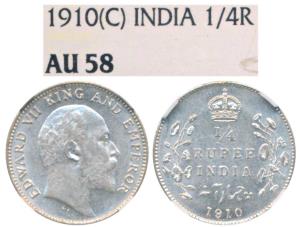 Edward VII, Silver ¼ Rupee, 1910, Bombay Mint, dot on the vine, Unlisted in Pridmore. Grad