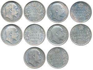 Edward VII, Silver Rupee (5), 1905, 1906, 1907, Calcutta Mint; 1903 & 1904 Bombay Mint. Ab