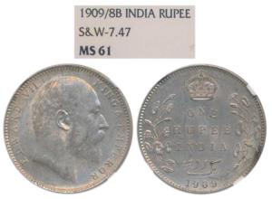 Edward VII, Silver Rupee, 1909, Bombay Mint, B incuse with dot on the vine and 9 over 8 in
