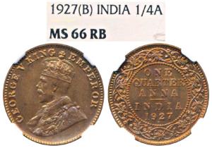 George V, Copper ¼ Anna, 1927, Bombay Mint (Prid 680). Graded by NGC MS66RB. Second highes