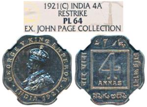 George V, Cupro-Nickel Proof Restrike 4 Annas, 1921, Calcutta Mint, (SW 8.190). Graded by 