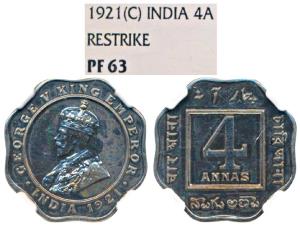 George V, Cupro-Nickel Proof Restrike 4 Annas, 1921, Calcutta Mint, (SW 8.190). Graded by 