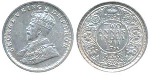 George V, Silver 2 Annas, 1911, Calcutta Mint, (KM 564). Extremely Fine, Rare.