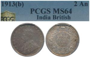 George V, Silver 2 Annas, 1913, Bombay Mint (Prid 572). Graded by PCGS MS64.