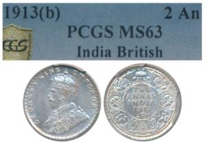 George V, Silver 2 Annas, 1913, Bombay Mint (Prid 572). Graded by PCGS MS63.