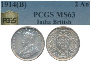 George V, Silver 2 Annas, 1914, Bombay Mint, (Prid 573). Graded by PCGS MS63.