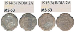 George V, Silver 2 Annas, 1914 & 1915, Bombay Mint (Prid 573 and 574). Both Graded by NGC 