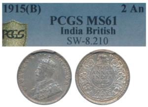 George V, Silver 2 Annas, 1915, Bombay Mint (Prid 574). Graded by PCGS MS61.