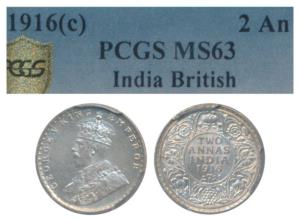 George V, Silver 2 Annas, 1916, Calcutta Mint (Prid 569). Graded by PCGS MS63.