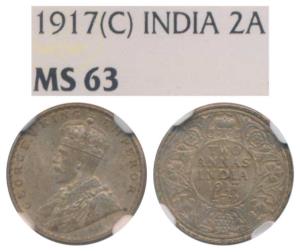 George V, Silver 2 Annas, 1917, Calcutta Mint (Prid 570). Graded by NGC MS63.