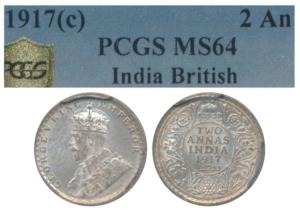 George V, Silver 2 Annas, 1917, Calcutta Mint, (Prid 570). Graded by PCGS MS64.