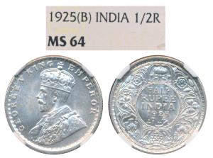 George V, Silver ½ Rupee, 1925, Bombay Mint (Prid 347). Graded by NGC MS64.