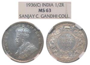 George V, Silver ½ Rupee, 1936, Calcutta Mint (Prid 335). Graded by NGC MS63.